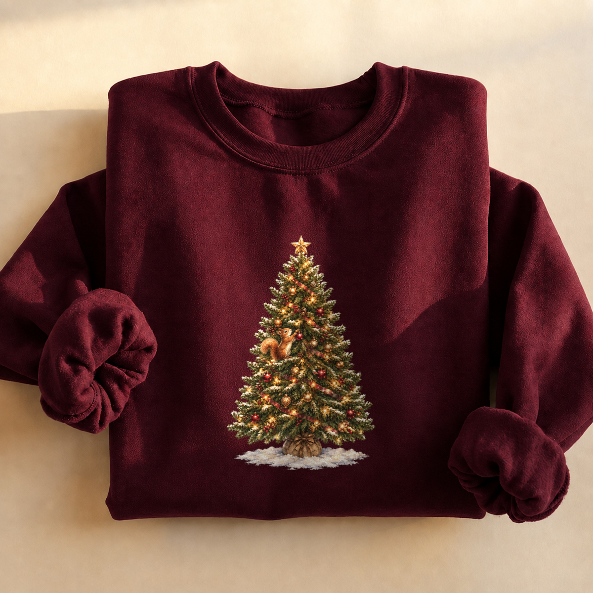 Christmas Tree Squirrel Sweatshirt, alternate view, squirrel climbing a lit Christmas tree