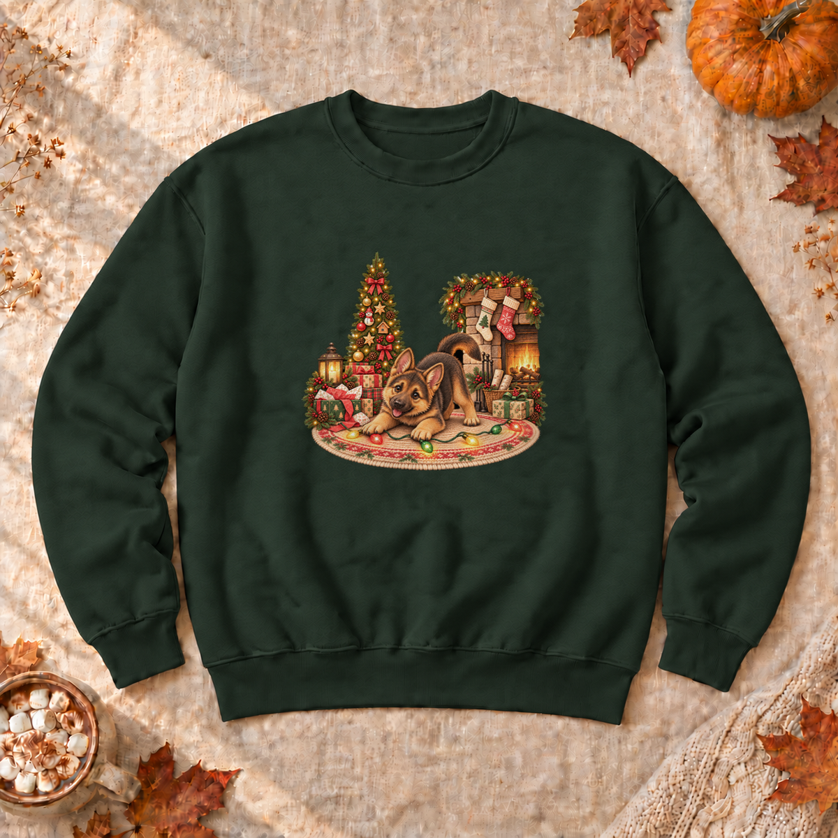Christmas German Shepherd Puppy Sweatshirt, alternate view, German shepherd puppy tangled in Christmas lights