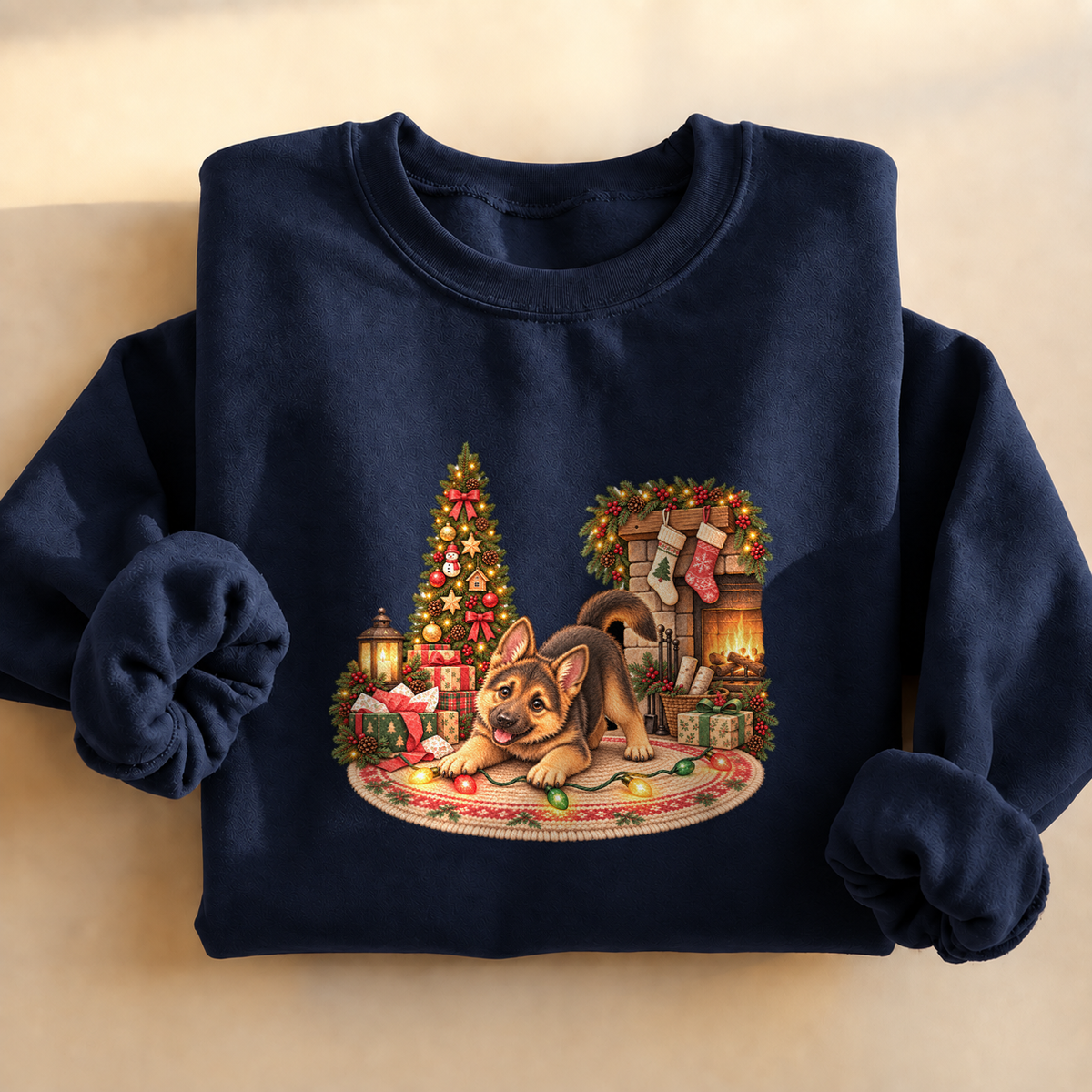 Christmas German Shepherd Puppy Sweatshirt, alternate view, German shepherd puppy tangled in Christmas lights
