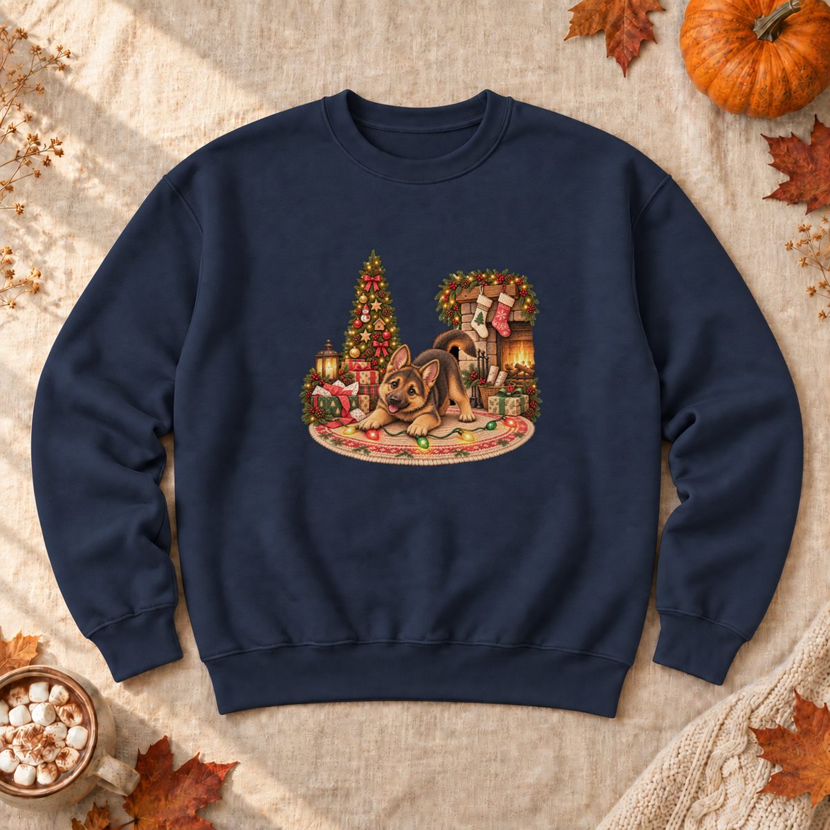 Christmas German Shepherd Puppy Sweatshirt, alternate view, German shepherd puppy tangled in Christmas lights