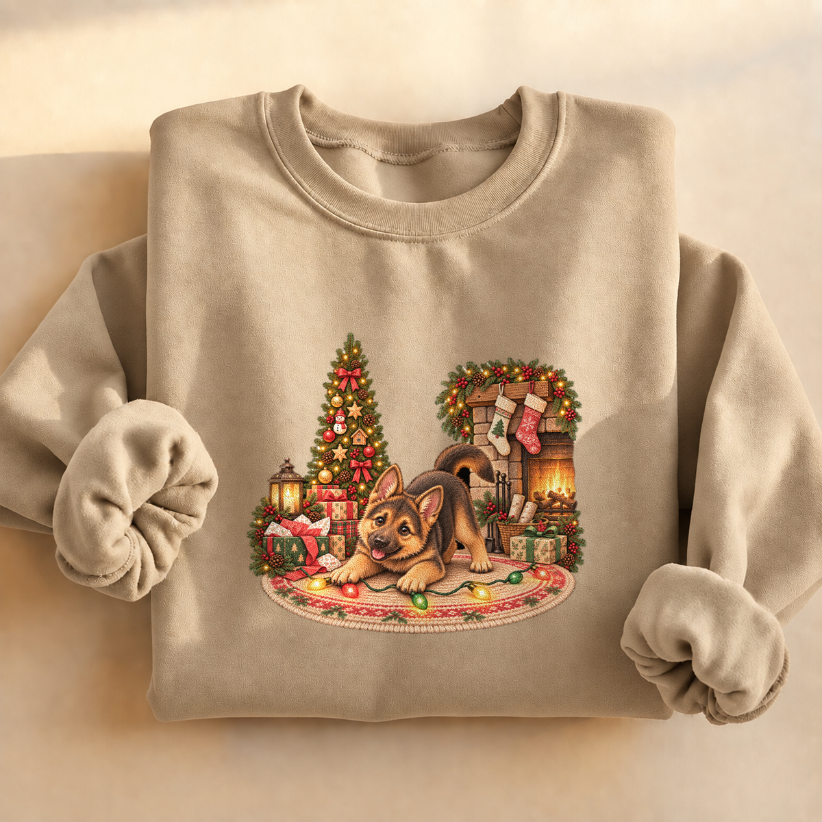 Christmas German Shepherd Puppy Sweatshirt, alternate view, German shepherd puppy tangled in Christmas lights