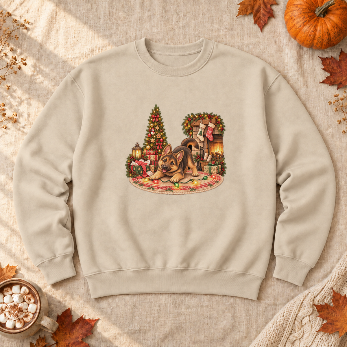 Christmas German Shepherd Puppy Sweatshirt, alternate view, German shepherd puppy tangled in Christmas lights