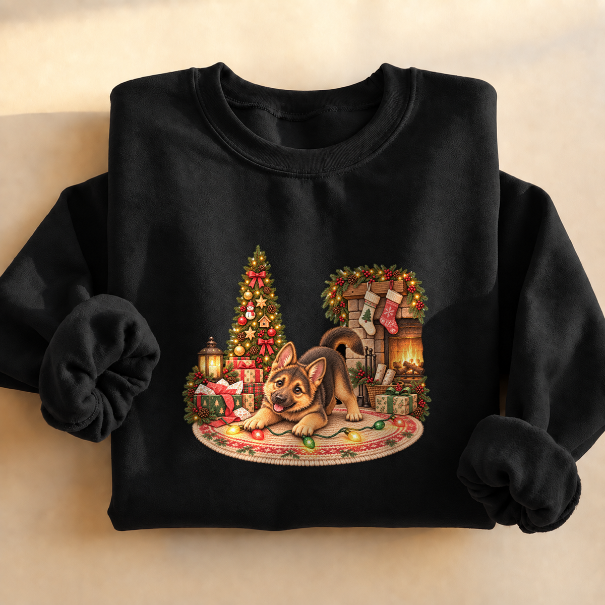 Christmas German Shepherd Puppy Sweatshirt, alternate view, German shepherd puppy tangled in Christmas lights