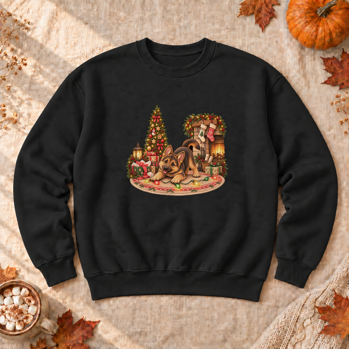 Christmas German Shepherd Puppy Sweatshirt, alternate view, German shepherd puppy tangled in Christmas lights