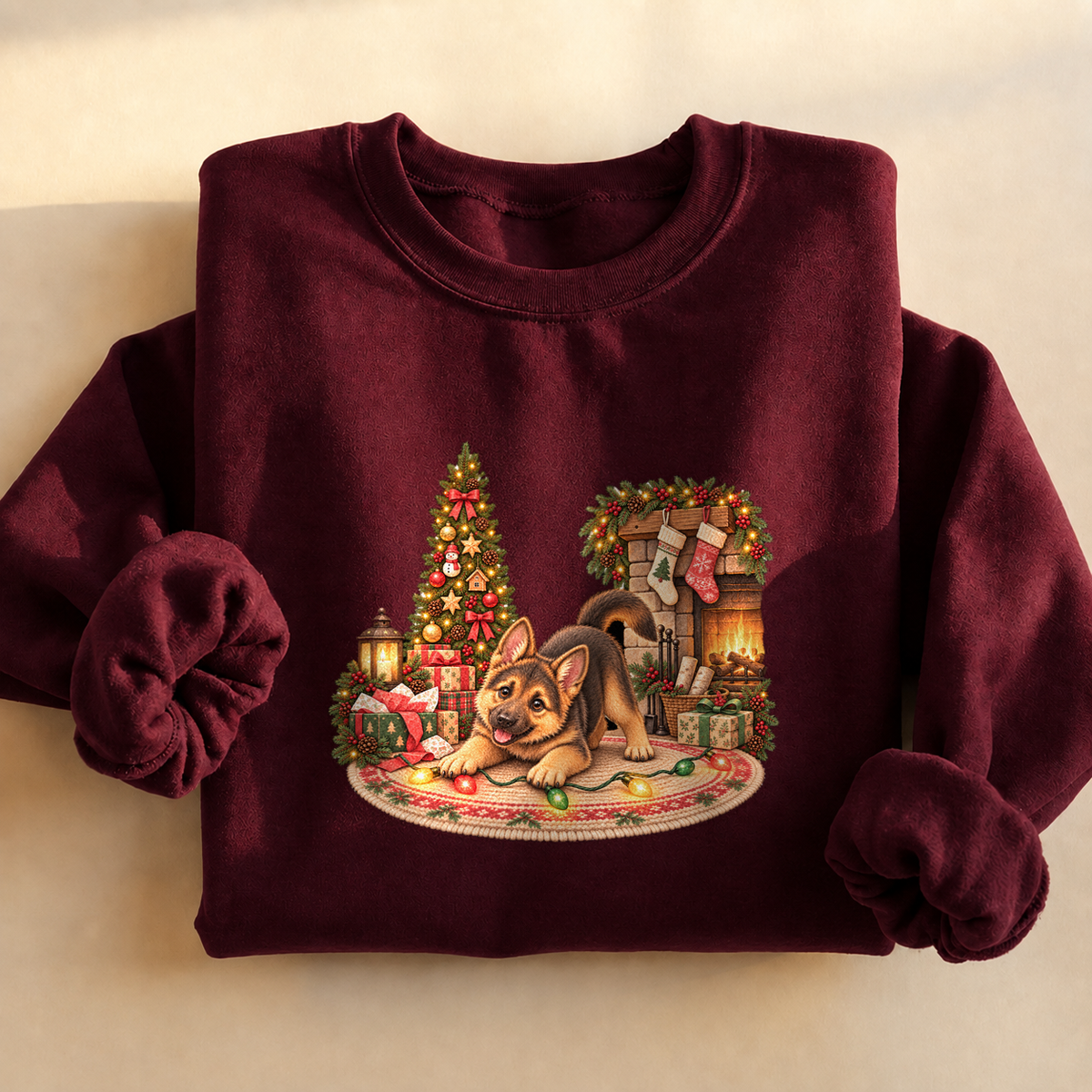 Christmas German Shepherd Puppy Sweatshirt, alternate view, German shepherd puppy tangled in Christmas lights