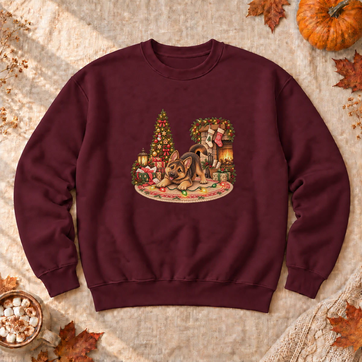 Christmas German Shepherd Puppy Sweatshirt, alternate view, German shepherd puppy tangled in Christmas lights