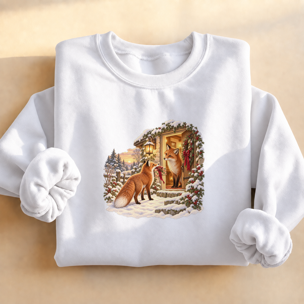 Christmas Foxes Sweatshirt, red fox carrying a Christmas gift in the snow, for fox lovers