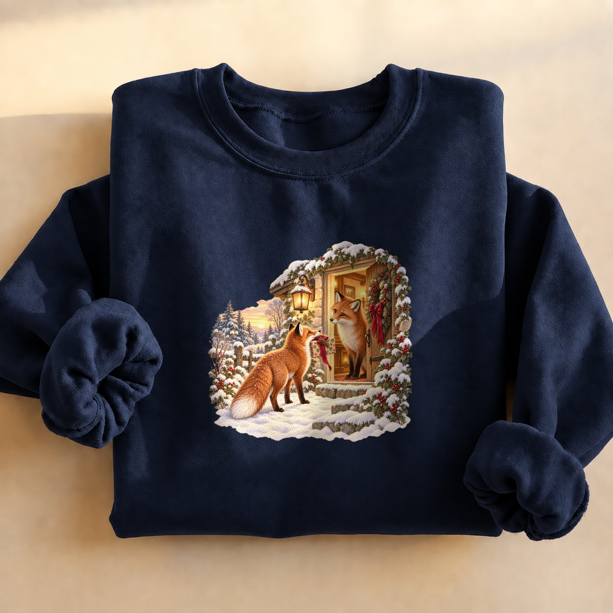 Christmas Foxes Sweatshirt, alternate view, red fox carrying a Christmas gift in the snow