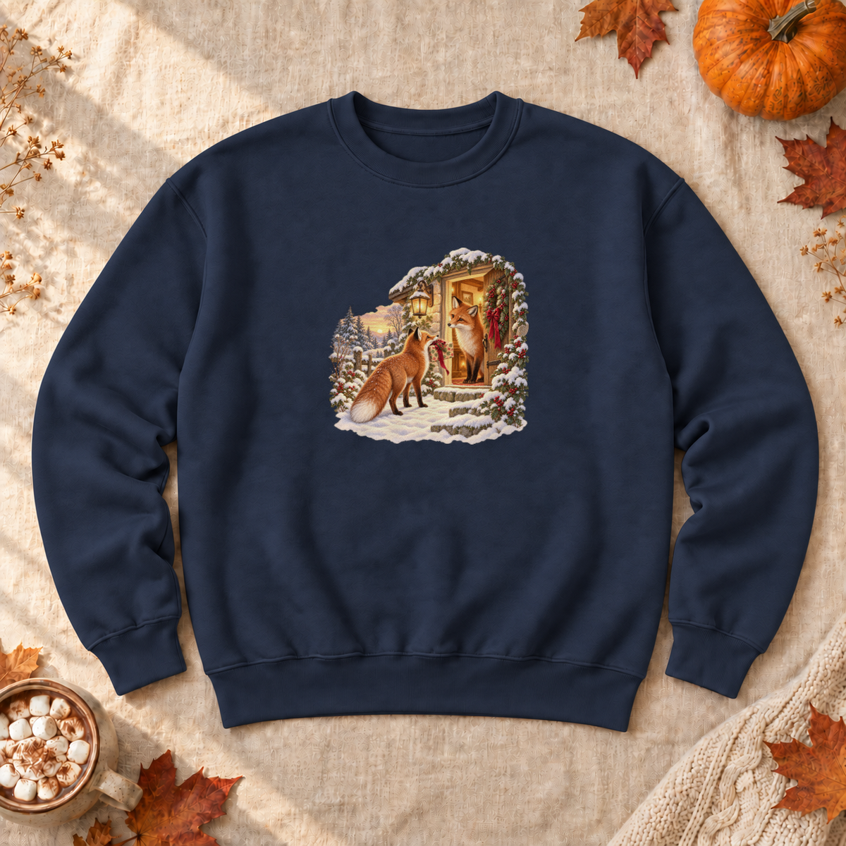 Christmas Foxes Sweatshirt, alternate view, red fox carrying a Christmas gift in the snow