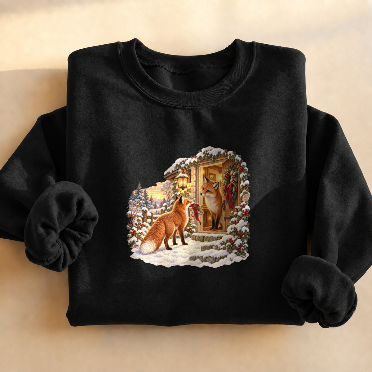 Christmas Foxes Sweatshirt, alternate view, red fox carrying a Christmas gift in the snow