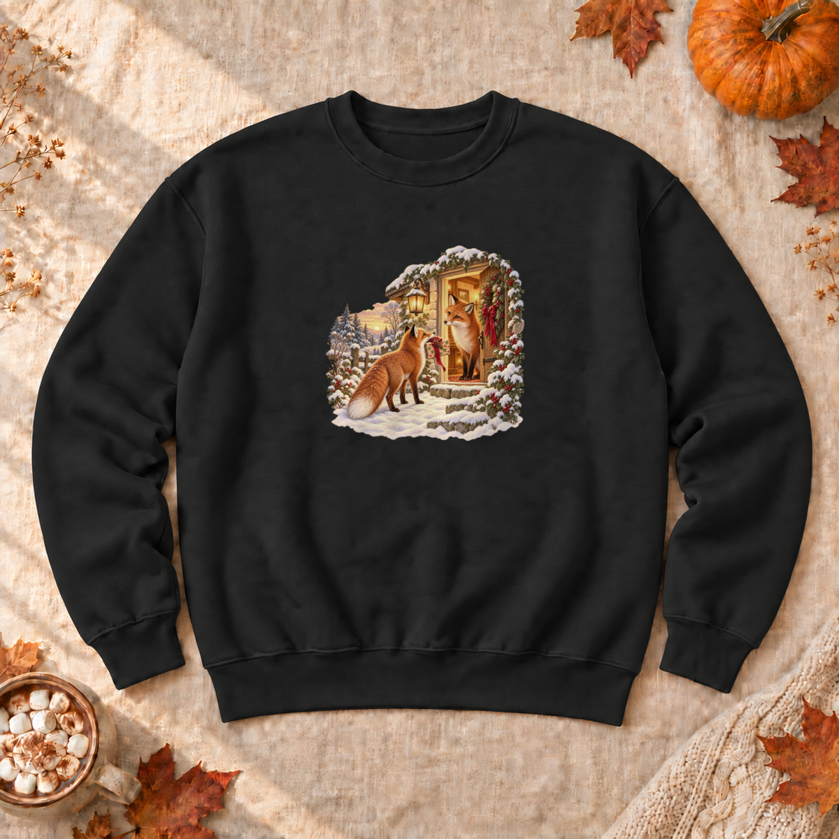 Christmas Foxes Sweatshirt, alternate view, red fox carrying a Christmas gift in the snow