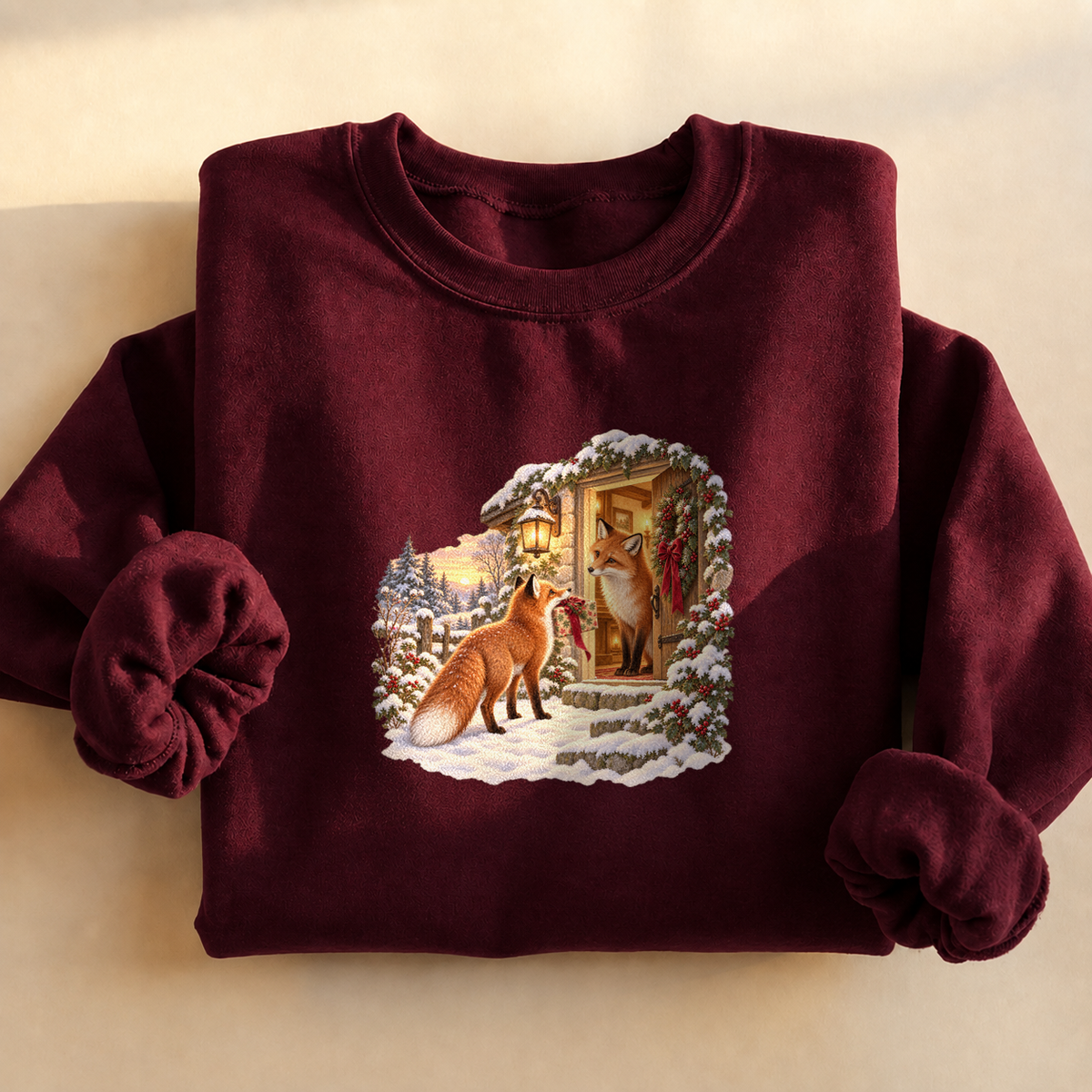 Christmas Foxes Sweatshirt, alternate view, red fox carrying a Christmas gift in the snow