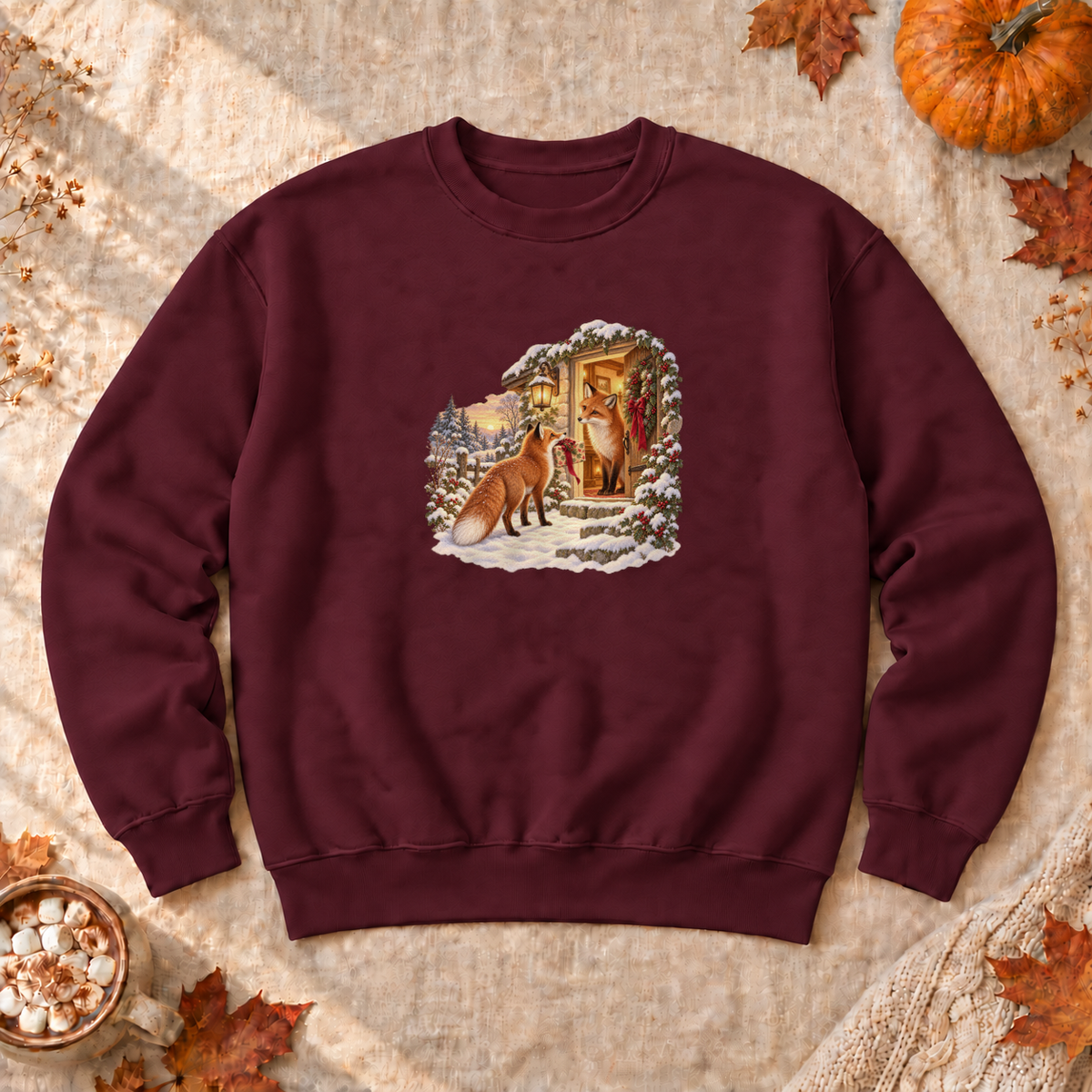 Christmas Foxes Sweatshirt, alternate view, red fox carrying a Christmas gift in the snow