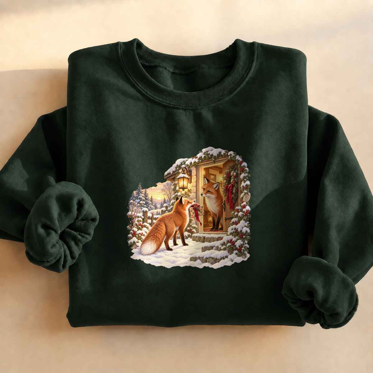 Christmas Foxes Sweatshirt, alternate view, red fox carrying a Christmas gift in the snow