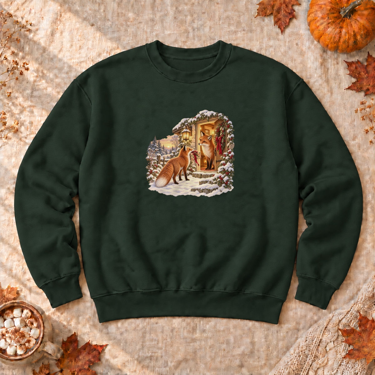 Christmas Foxes Sweatshirt, alternate view, red fox carrying a Christmas gift in the snow