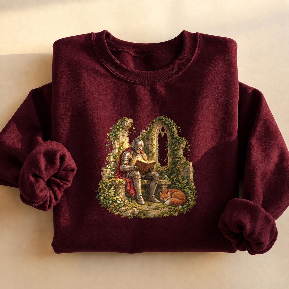 Knight and Book Sweatshirt, alternate view, knight reading in castle ruins