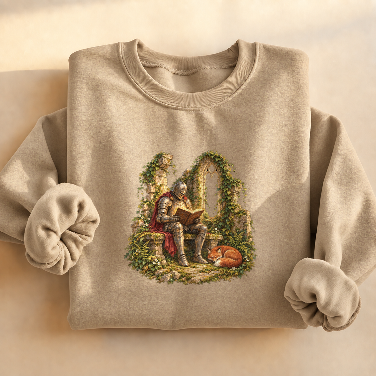 Knight and Book Sweatshirt, alternate view, knight reading in castle ruins