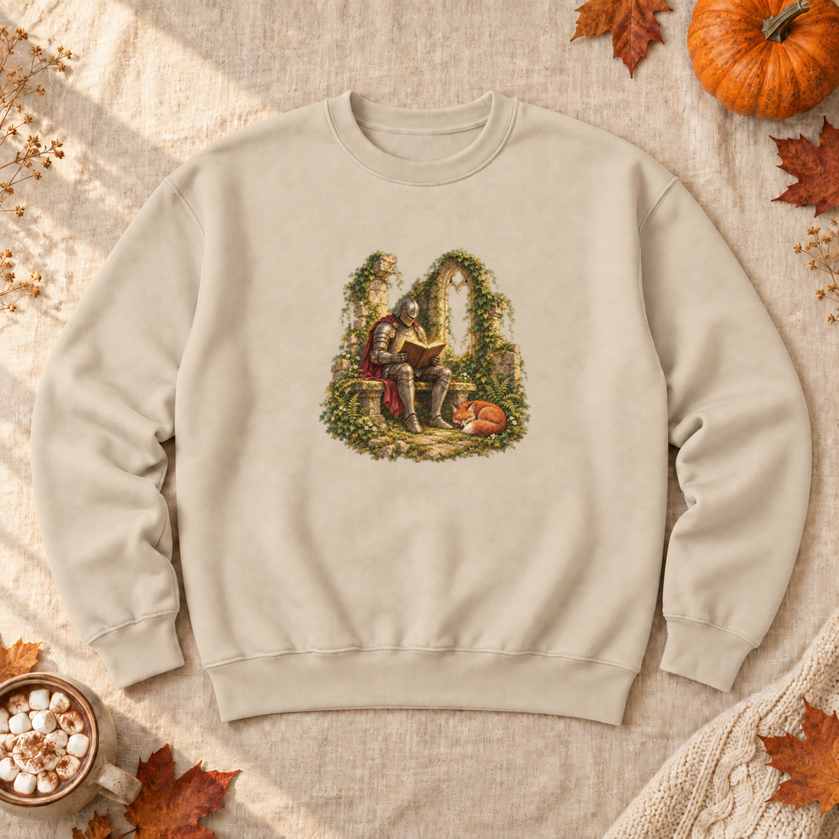 Knight and Book Sweatshirt, alternate view, knight reading in castle ruins