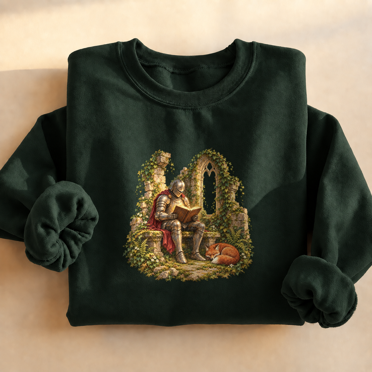 Knight and Book Sweatshirt, alternate view, knight reading in castle ruins