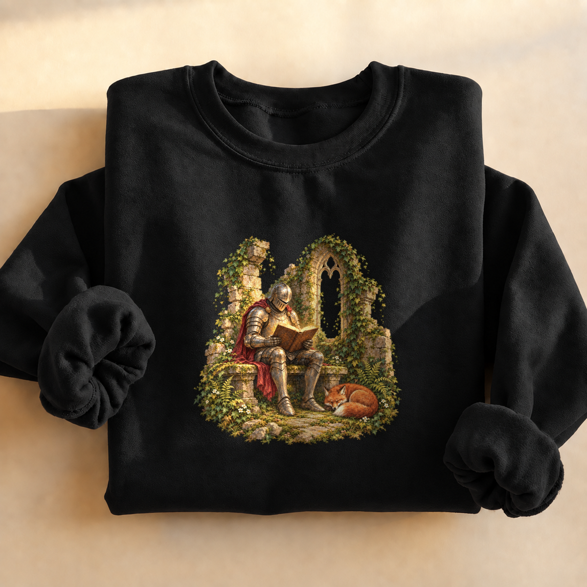 Knight and Book Sweatshirt, alternate view, knight reading in castle ruins