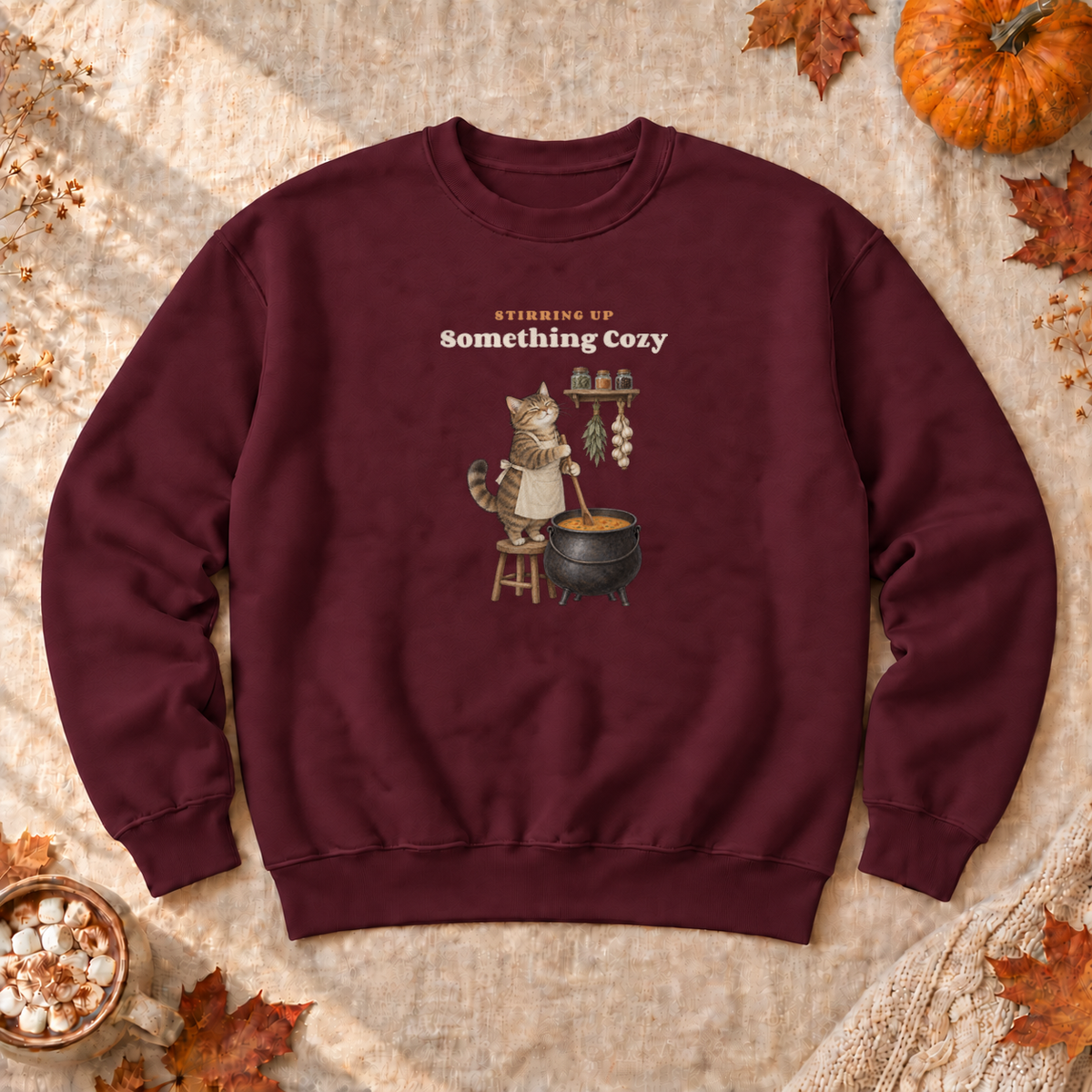 Cauldron Cat Cottagecore Sweatshirt, alternate view, cat cooking herbs in a cauldron