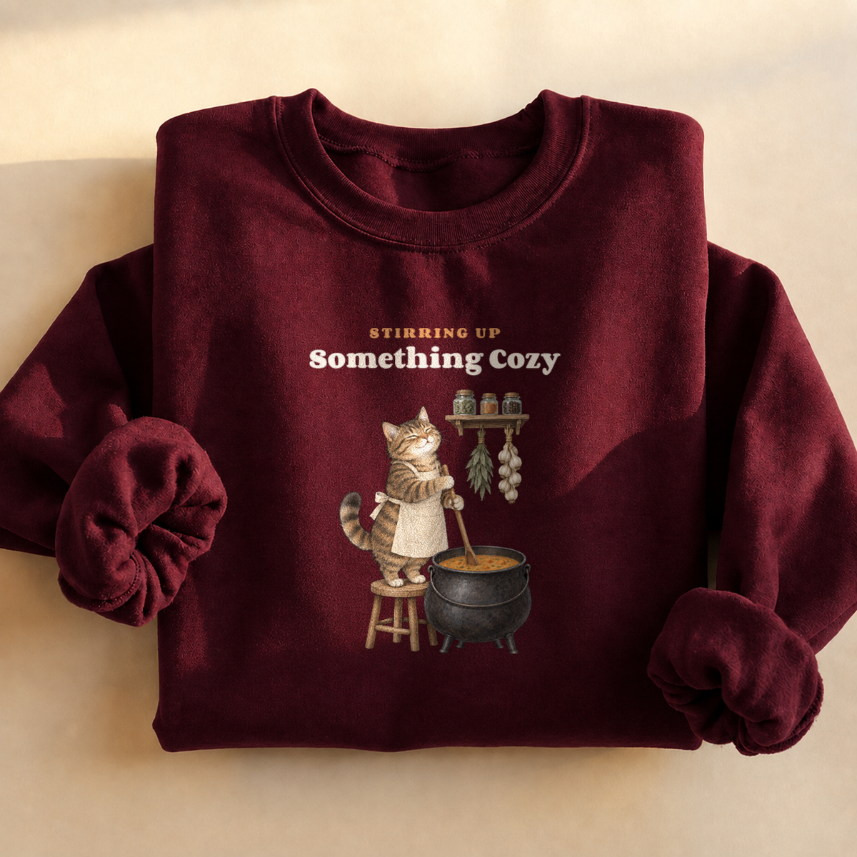 Cauldron Cat Cottagecore Sweatshirt, alternate view, cat cooking herbs in a cauldron