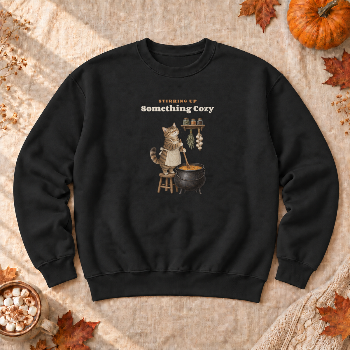 Cauldron Cat Cottagecore Sweatshirt, alternate view, cat cooking herbs in a cauldron