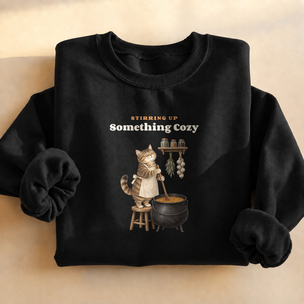 Cauldron Cat Cottagecore Sweatshirt, alternate view, cat cooking herbs in a cauldron