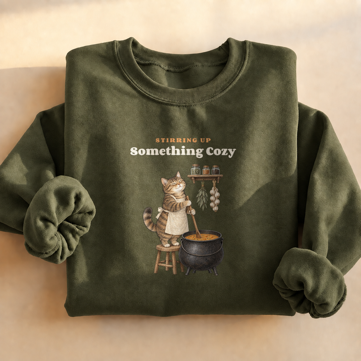 Cauldron Cat Cottagecore Sweatshirt, alternate view, cat cooking herbs in a cauldron