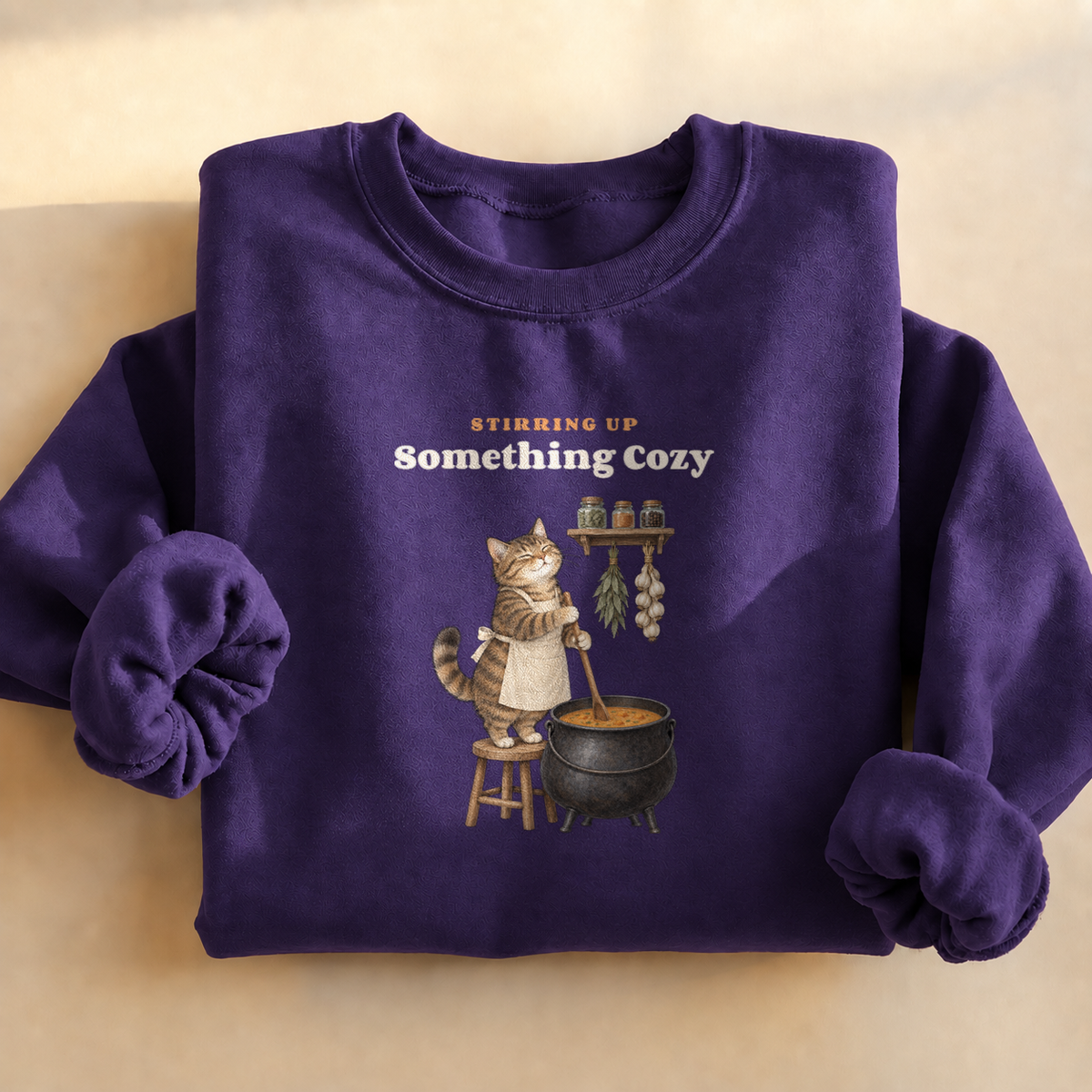 Cauldron Cat Cottagecore Sweatshirt, alternate view, cat cooking herbs in a cauldron