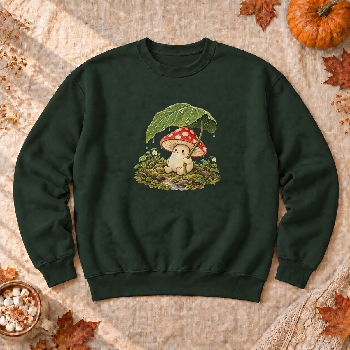 Rainy Mushroom Cottagecore Sweatshirt, alternate view, mushroom holding a leaf umbrella in the rain