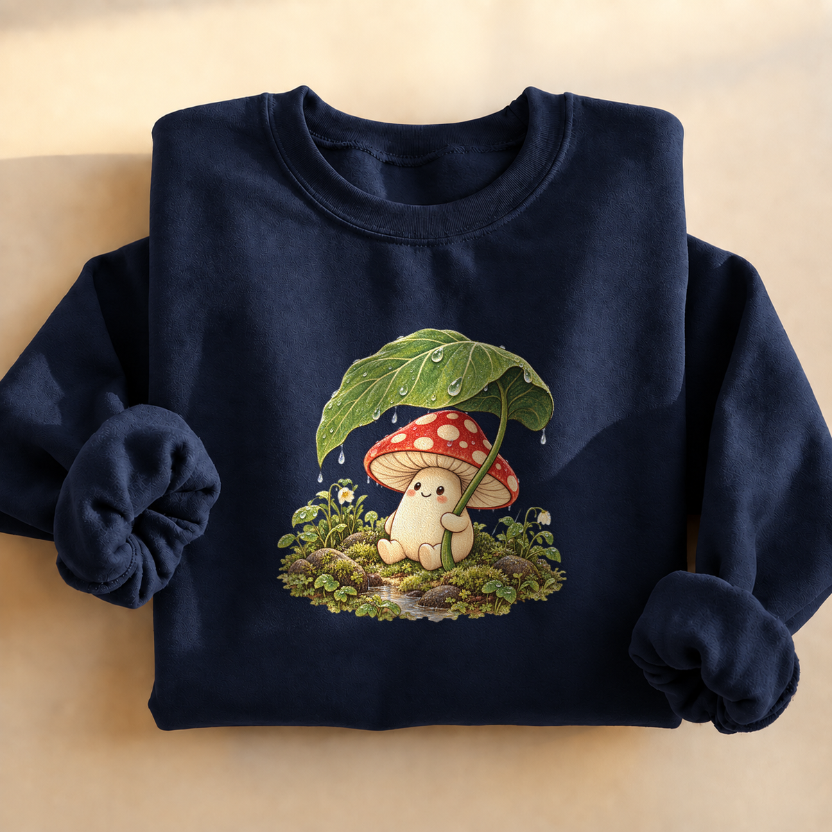 Rainy Mushroom Cottagecore Sweatshirt, alternate view, mushroom holding a leaf umbrella in the rain