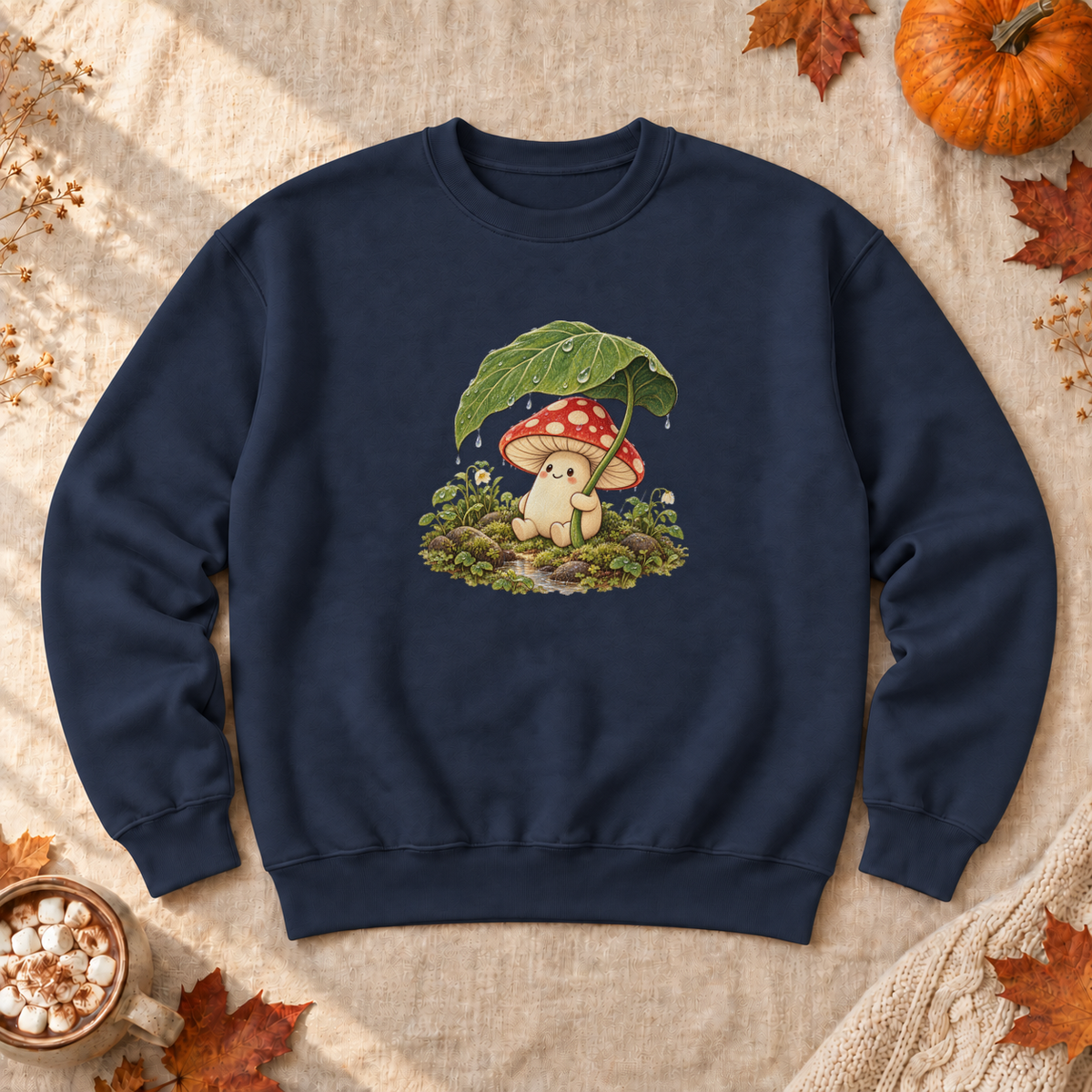Rainy Mushroom Cottagecore Sweatshirt, alternate view, mushroom holding a leaf umbrella in the rain