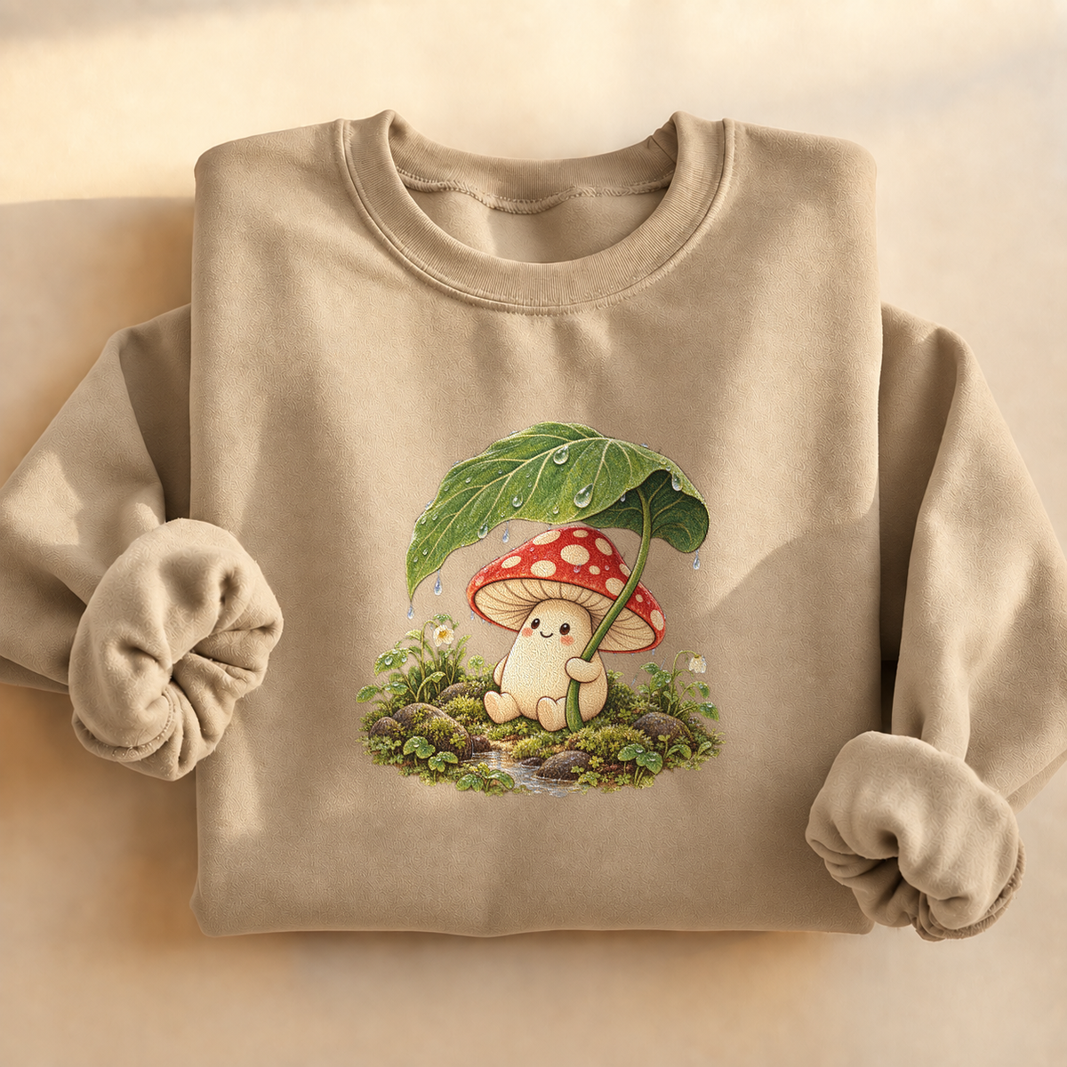 Rainy Mushroom Cottagecore Sweatshirt, alternate view, mushroom holding a leaf umbrella in the rain
