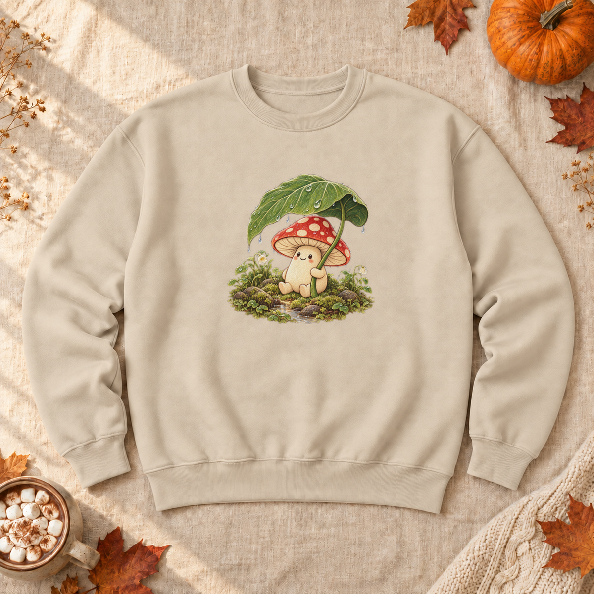 Rainy Mushroom Cottagecore Sweatshirt, alternate view, mushroom holding a leaf umbrella in the rain