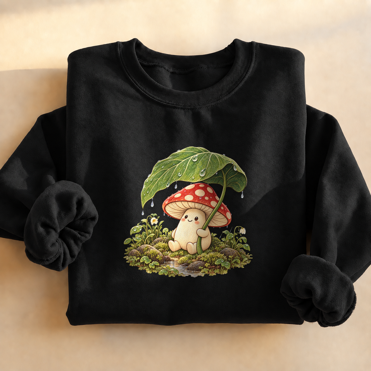 Rainy Mushroom Cottagecore Sweatshirt, alternate view, mushroom holding a leaf umbrella in the rain