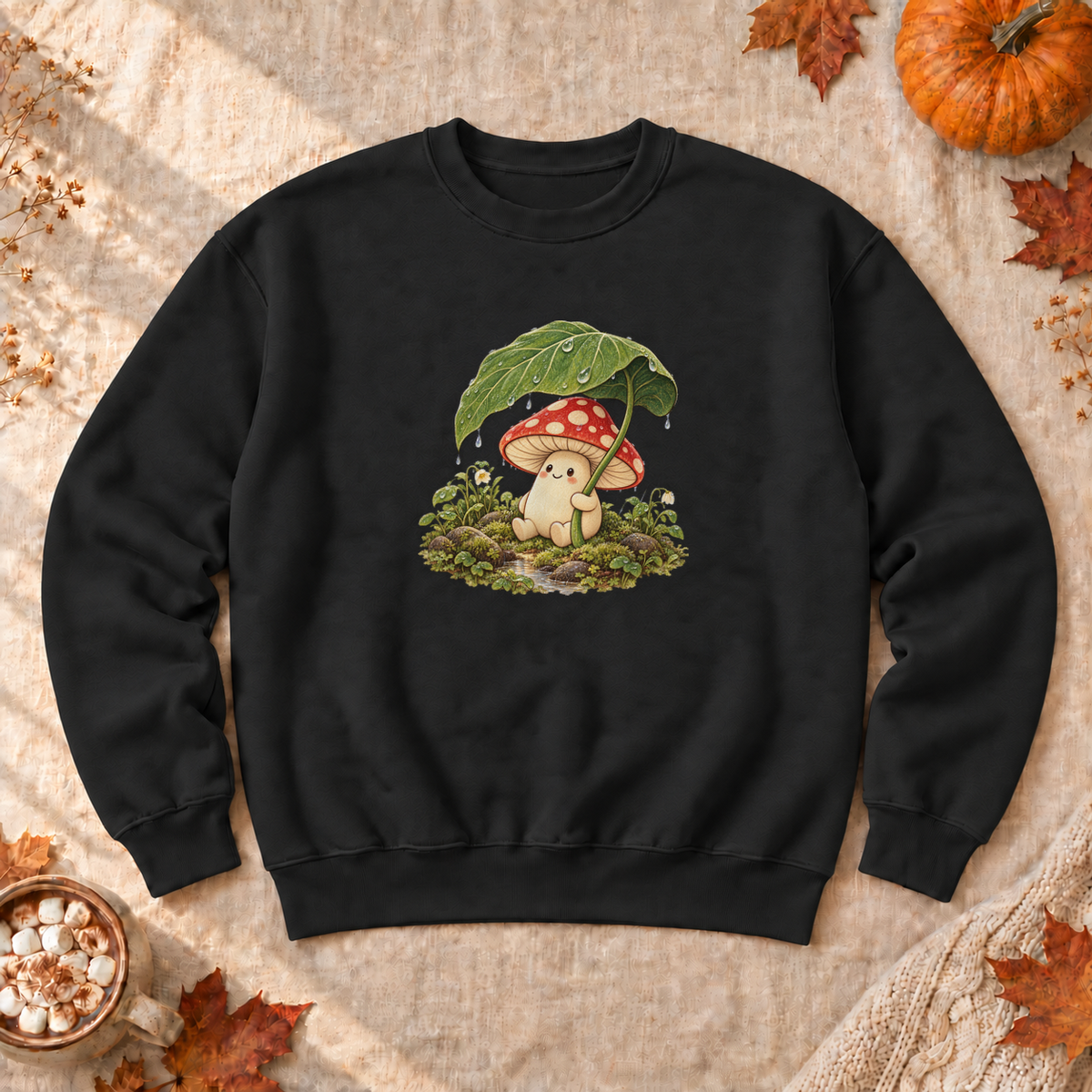 Rainy Mushroom Cottagecore Sweatshirt, alternate view, mushroom holding a leaf umbrella in the rain