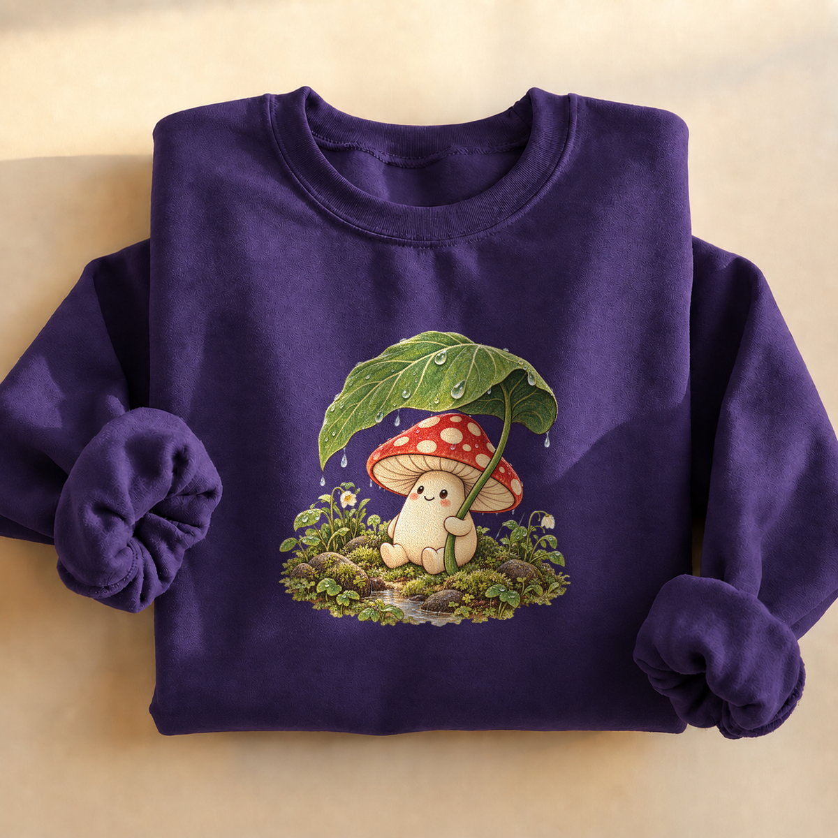 Rainy Mushroom Cottagecore Sweatshirt, alternate view, mushroom holding a leaf umbrella in the rain