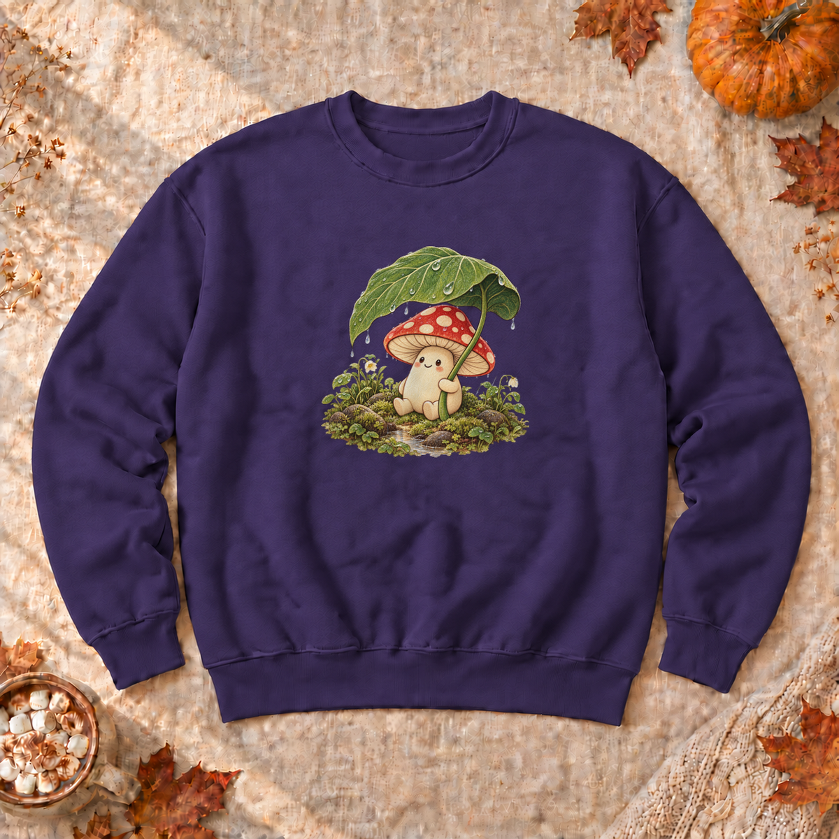 Rainy Mushroom Cottagecore Sweatshirt, alternate view, mushroom holding a leaf umbrella in the rain