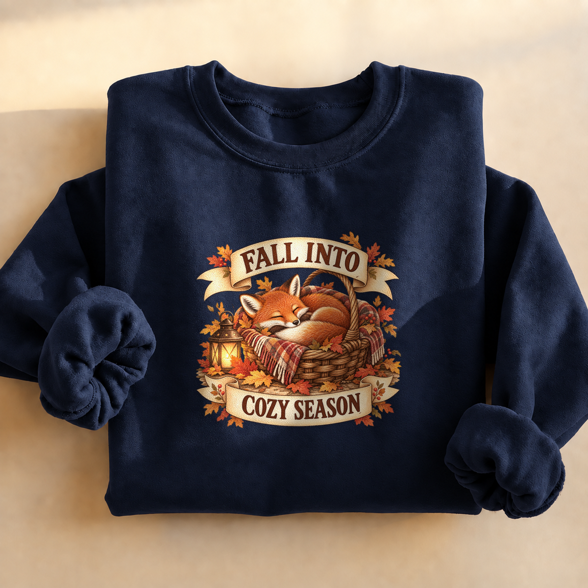 Fall Into Cozy Season Sweatshirt, alternate view, fox napping in a cozy basket
