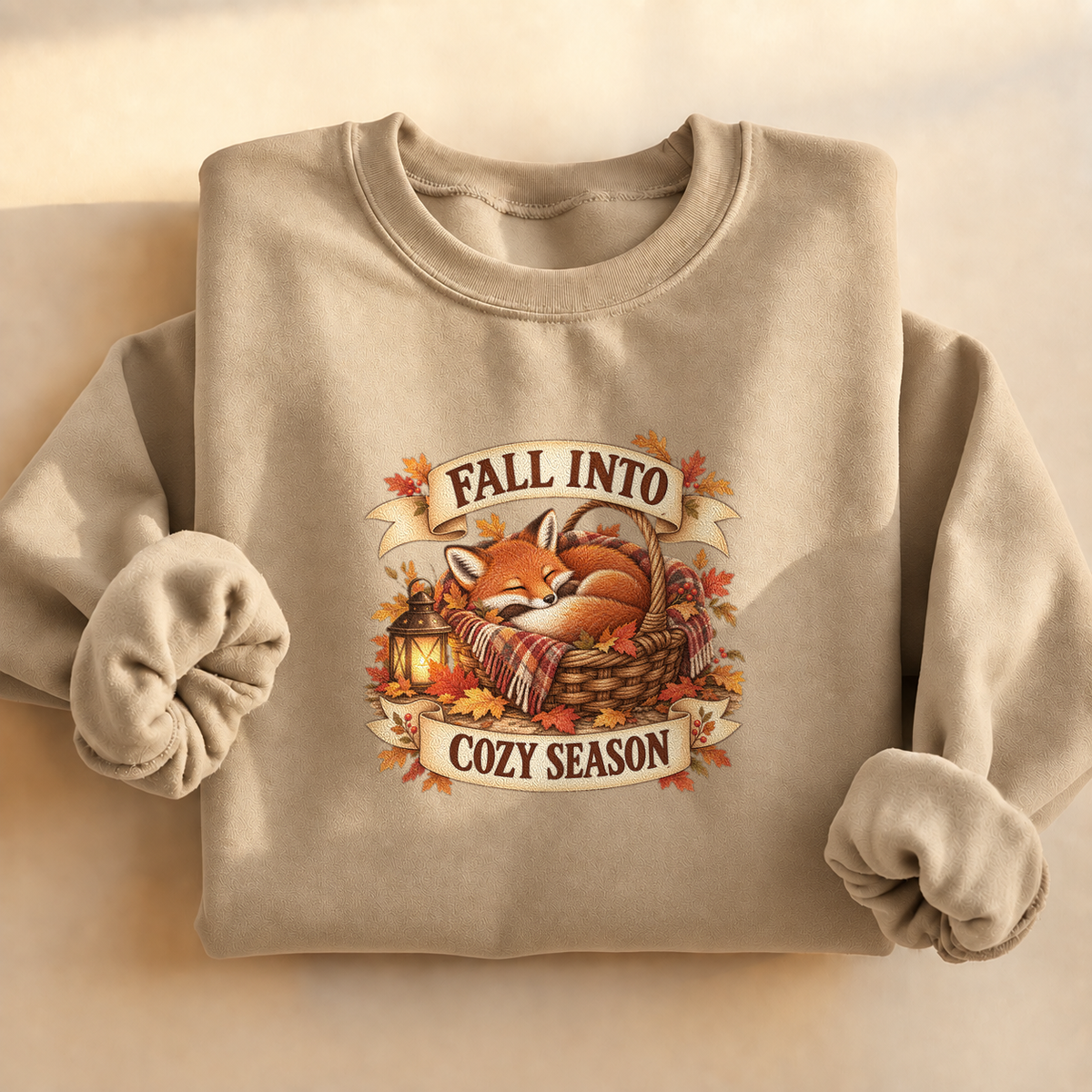 Fall Into Cozy Season Sweatshirt, alternate view, fox napping in a cozy basket