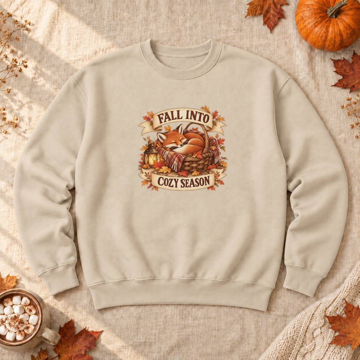 Fall Into Cozy Season Sweatshirt, alternate view, fox napping in a cozy basket
