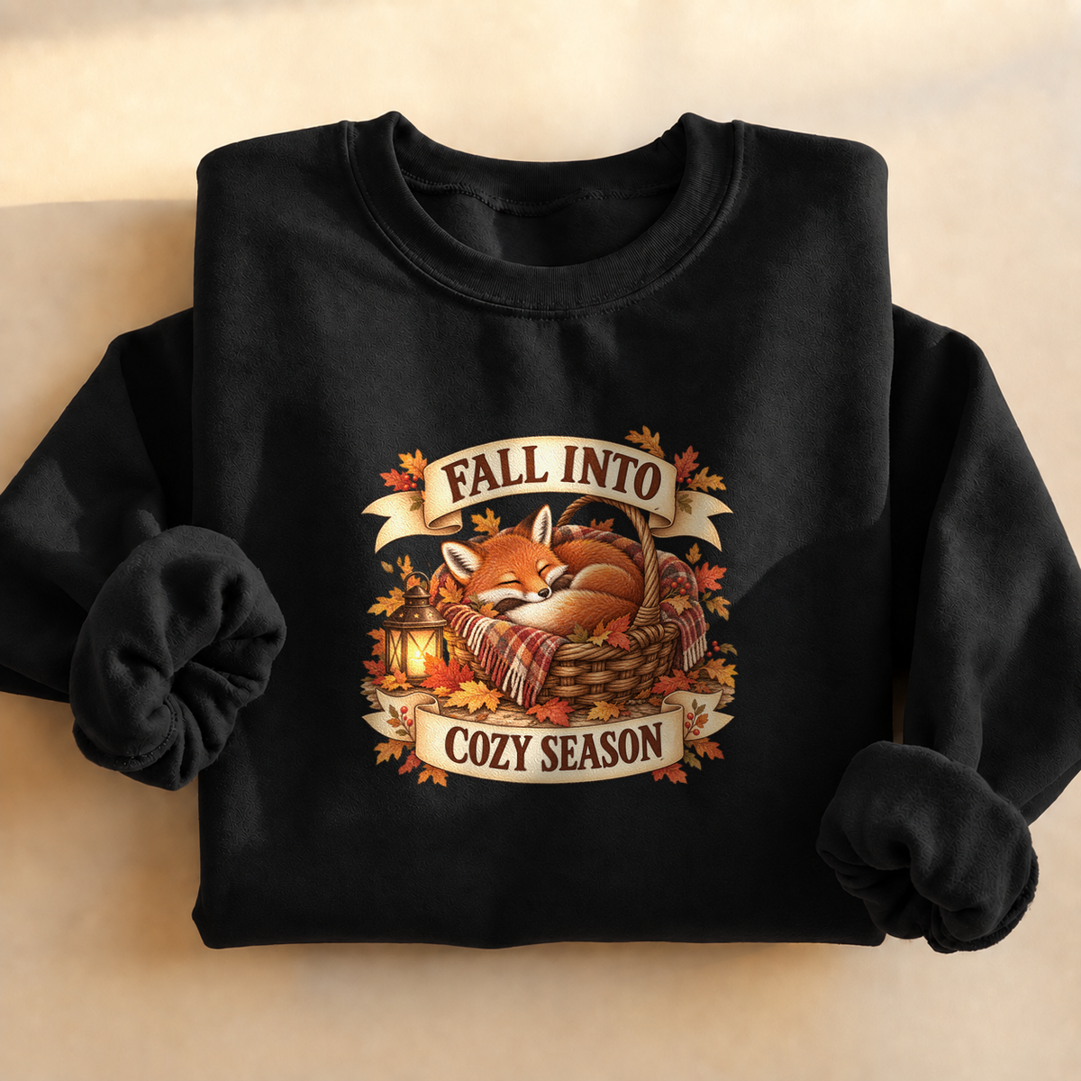 Fall Into Cozy Season Sweatshirt, alternate view, fox napping in a cozy basket