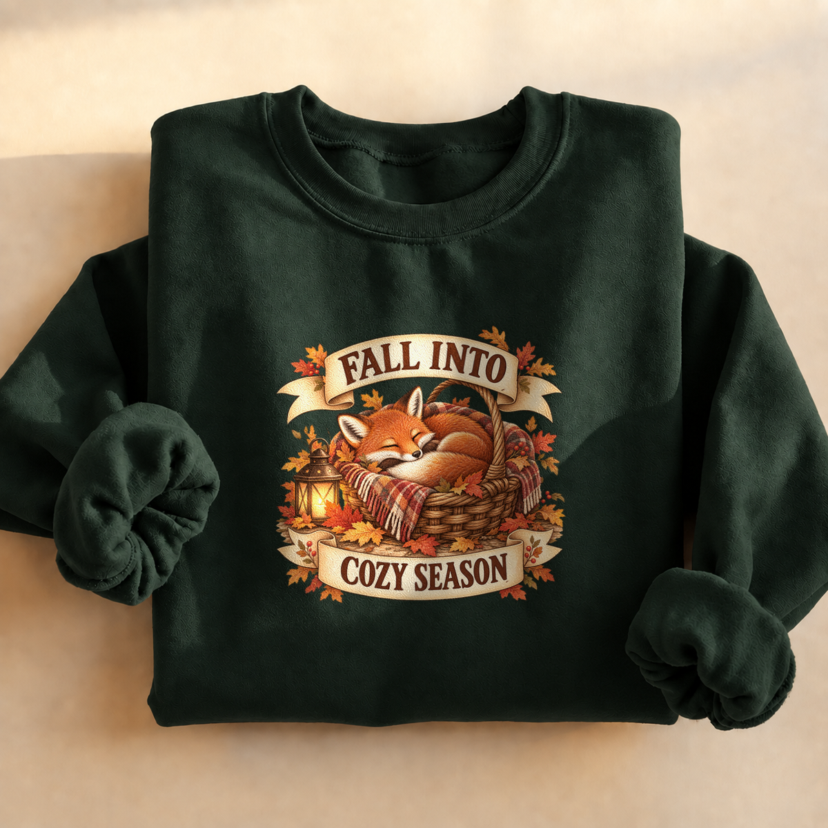 Fall Into Cozy Season Sweatshirt, alternate view, fox napping in a cozy basket