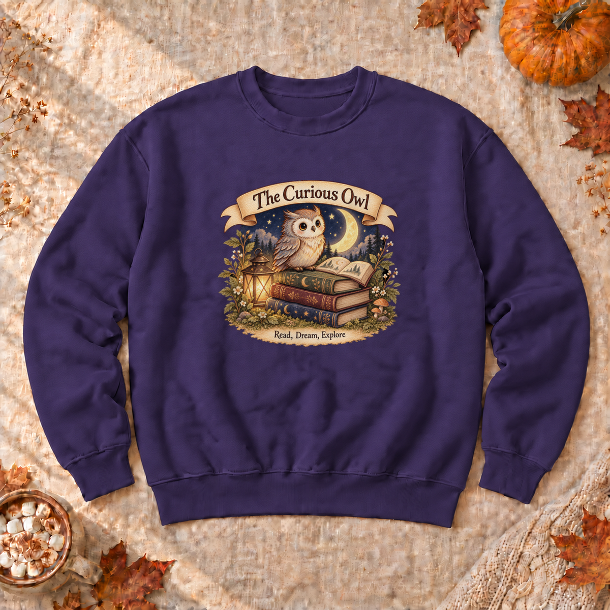 Curious Owl Book Lover Sweatshirt, alternate view, owl reading books under the night sky