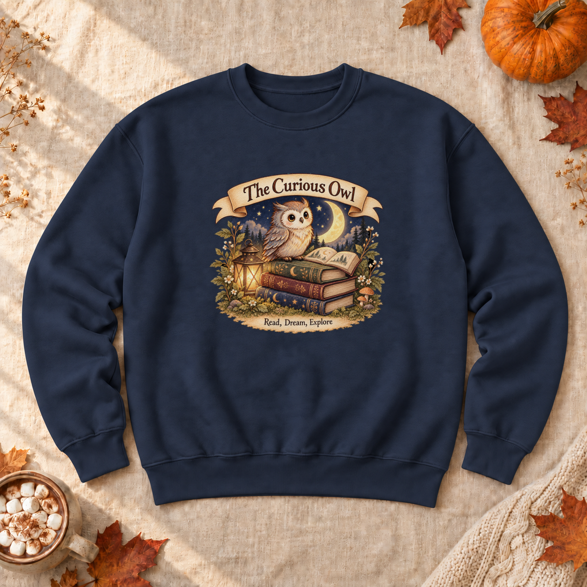 Curious Owl Book Lover Sweatshirt, alternate view, owl reading books under the night sky