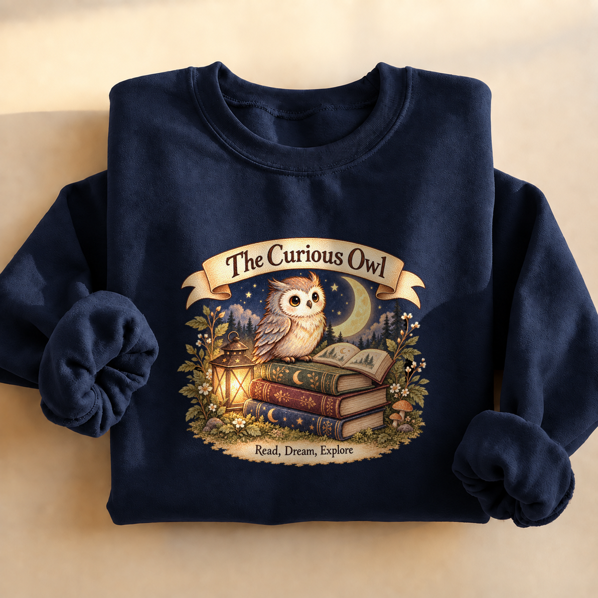 Curious Owl Book Lover Sweatshirt, alternate view, owl reading books under the night sky