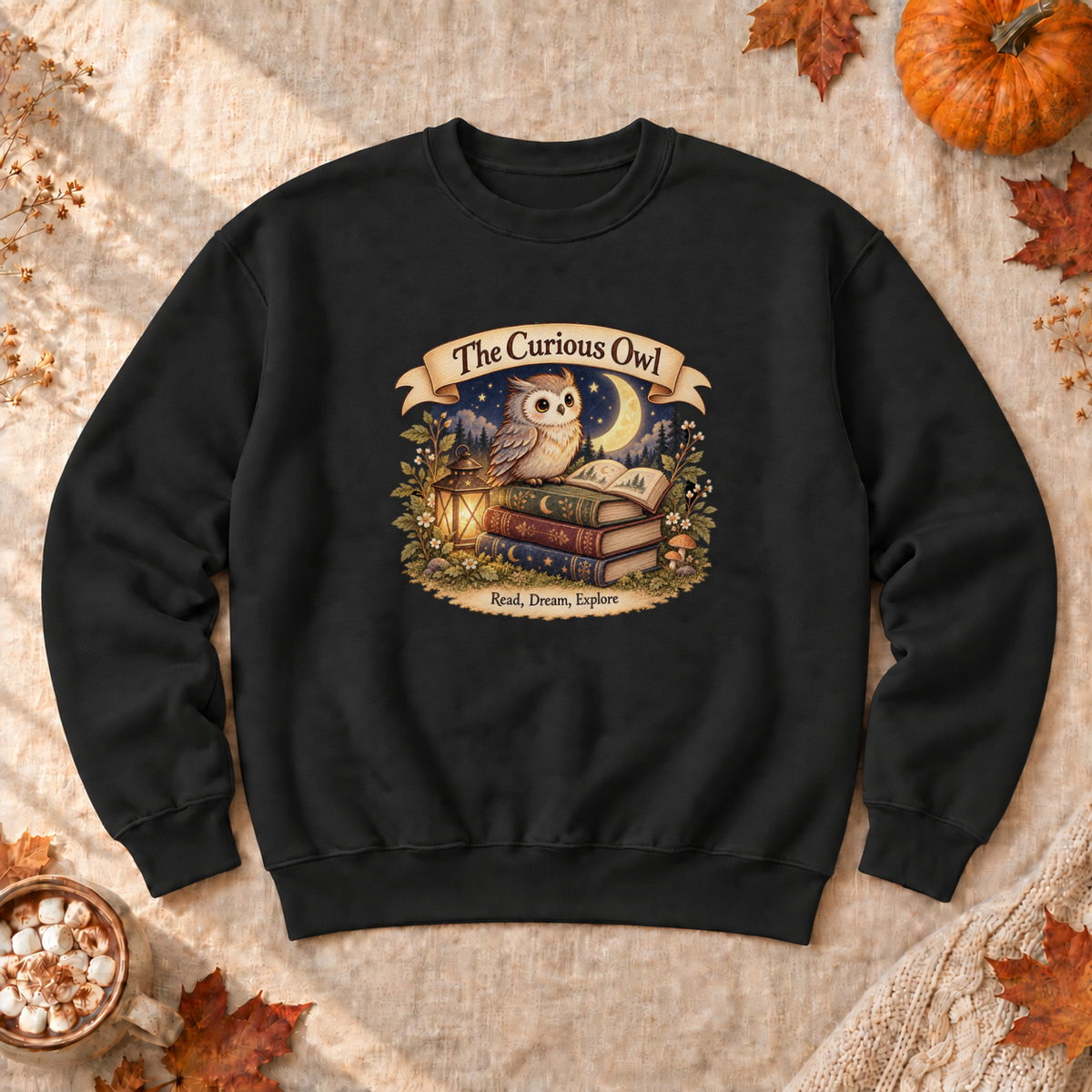 Curious Owl Book Lover Sweatshirt, alternate view, owl reading books under the night sky