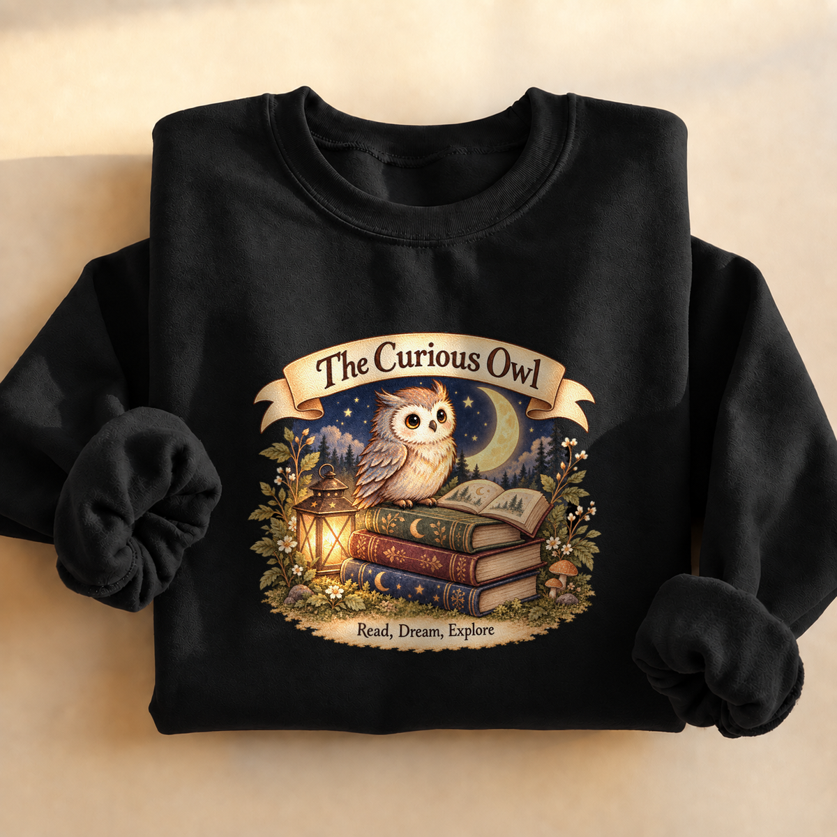 Curious Owl Book Lover Sweatshirt, alternate view, owl reading books under the night sky