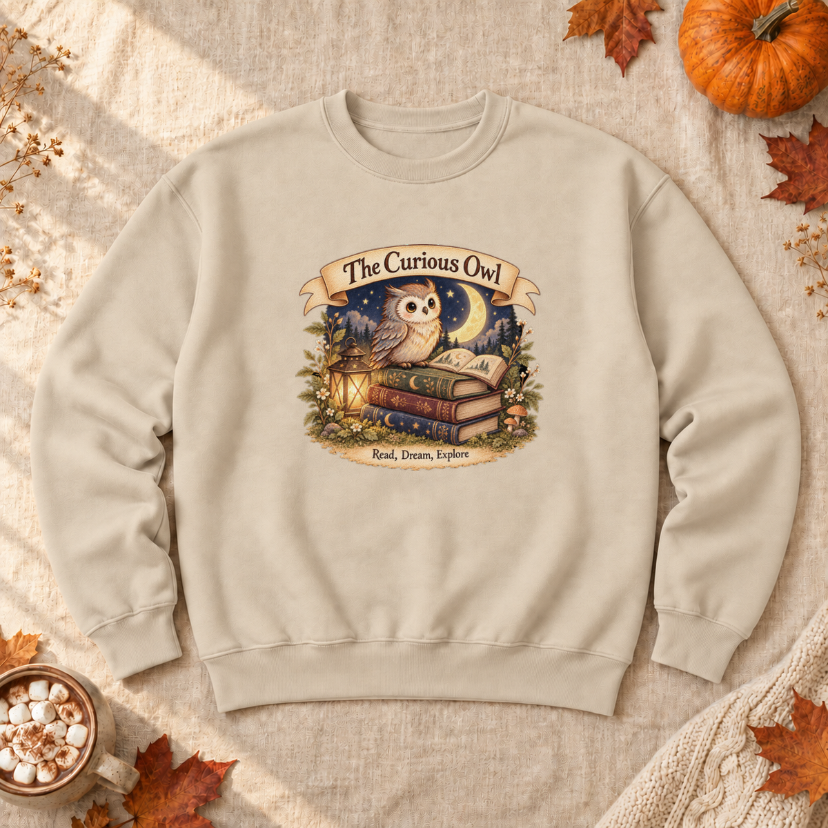Curious Owl Book Lover Sweatshirt, alternate view, owl reading books under the night sky
